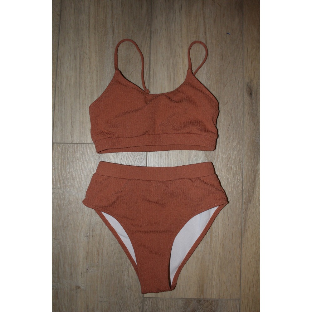 Women's Terracotta Rust Textured High Waisted Bikini Set‎ XS Bralette High Leg